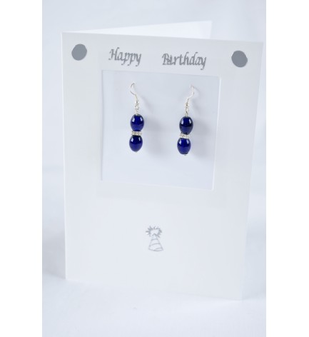 Adzo Designs Jewellery card with Blue Indian glass and diamante earrings with silver plated finish